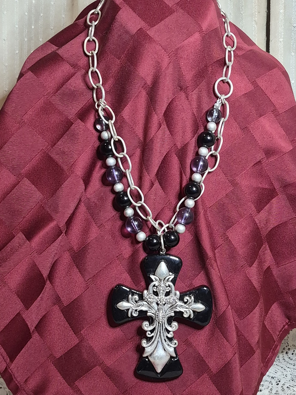 Gothic Ornate Silver Fleur De Lis Black Cross Beaded Statement Necklace